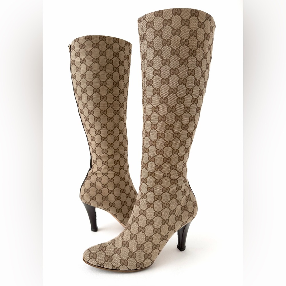 Gucci Beige Monogram Knee-High Heeled Boots - Picture 1 of 16